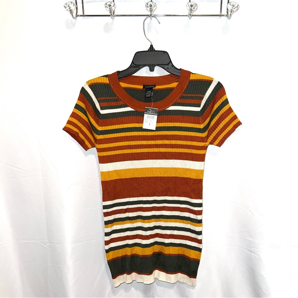 Olive Green Rust Gold Cream White Striped Ribbed Knit Short Sleeve Top